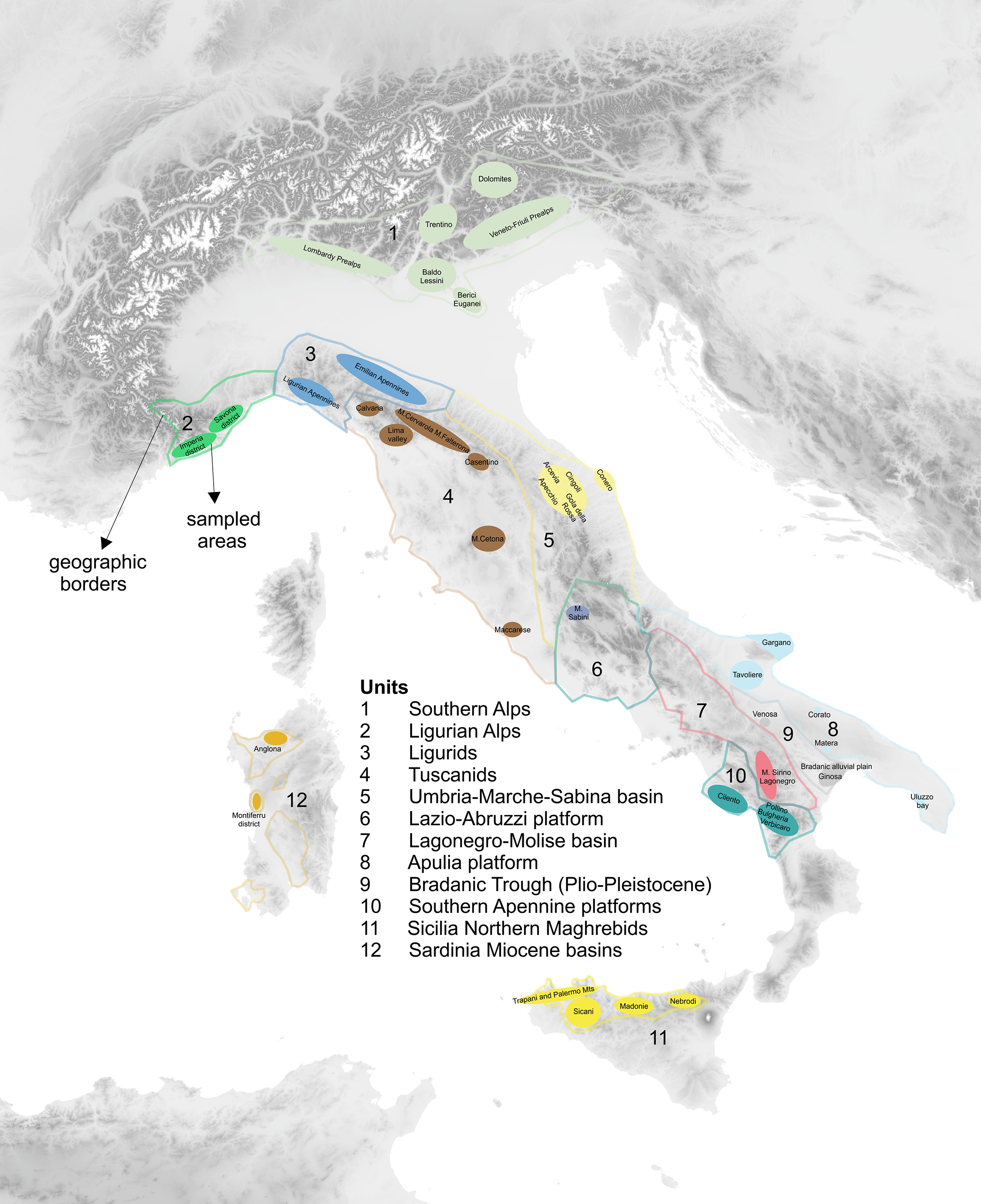 The figure shows the areas covered by the physical lithoteques throughout the peninsula and the main islands. In this framework, source areas such as the Gargano promontory, Lessini mountains, Lombard Prealps, Central Apennine (Tuscan-Emilian and Marche sectors) and Low Tyrrhenian Apennine are particularly represented in the lithotheques of relevant archaeological interest. The outcrops’ names are: 1) Southern Alps, 2) Ligurian Alps, 3) Ligurids, 4) Tuscanids, 5) Umbria-Marche-Sabina basin, 6) Lazio-Abruzzi platform, 7) Lagonegro – Molise basin, 8) Apulia platform, 9) Bradanic Trough, 10) Southern Appenine platforms, 11) Sicilia Northern Maghrebids, 12) Sardinia Miocene basins.